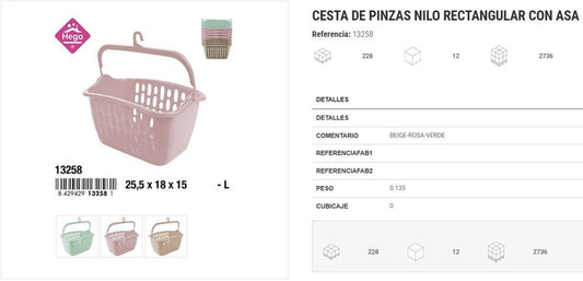 Cesta de pinzas nilo rectangular con asa